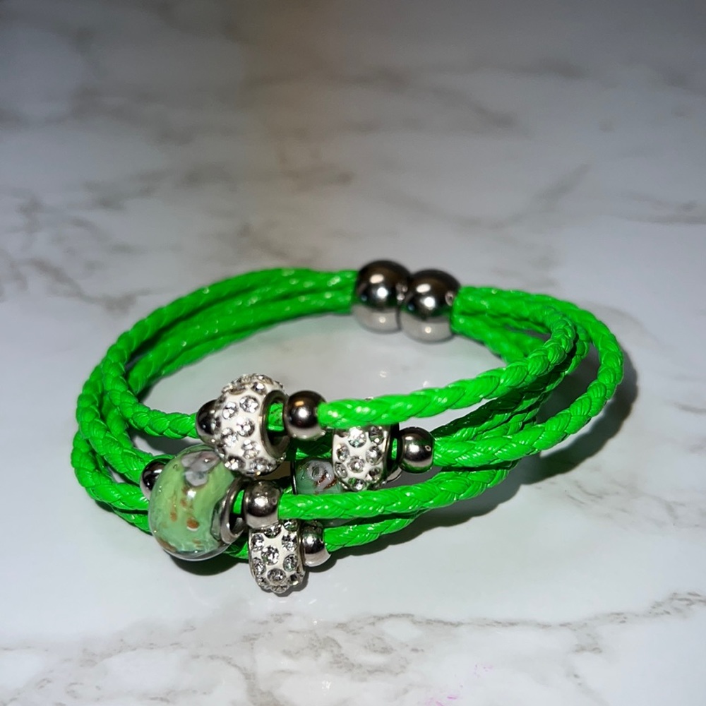 Beautiful Green Glass and Metal Beaded Magnetic Braided Multi Strap Bracelet
